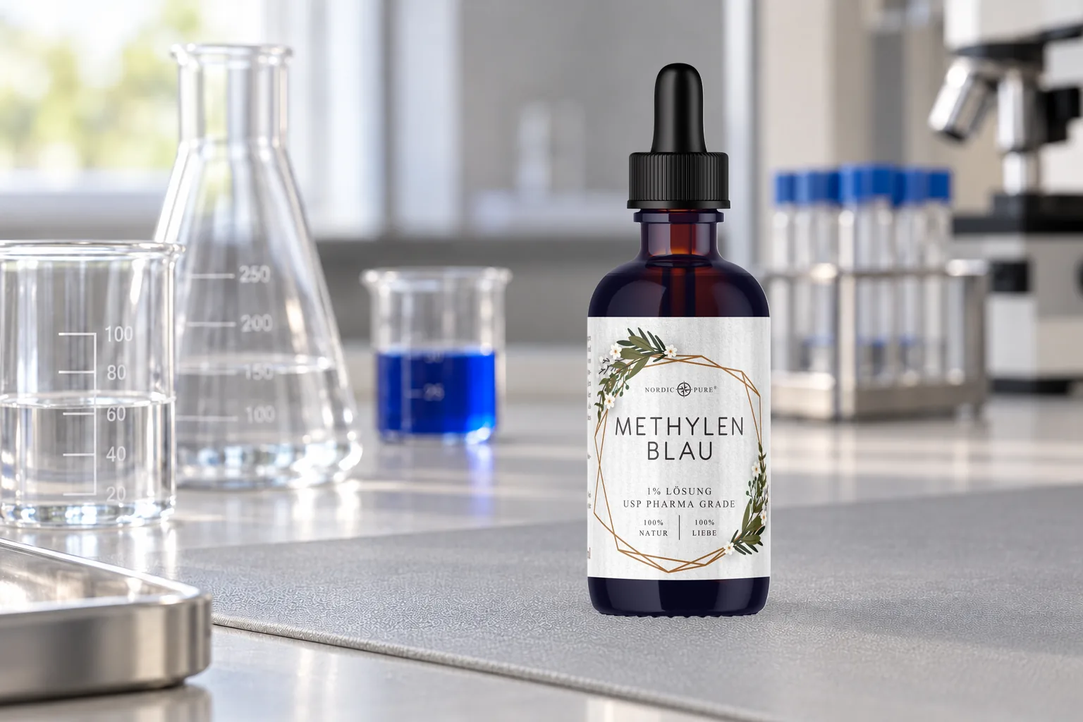 Flacon fermé Nordic Pure de bleu de méthylène à 1 % sur une surface de laboratoire protégée, avec verrerie technique en arrière-plan