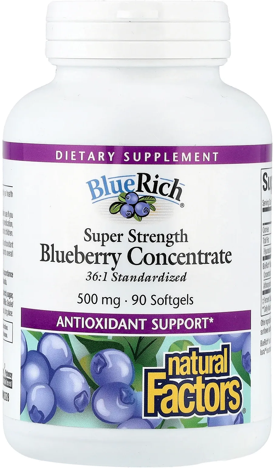 Natural Factors, BlueRich, Extrapuissant, Concentré de myrtille, 500 mg, 90 capsules à enveloppe molle