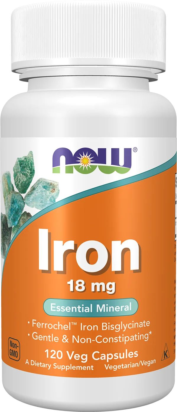 NOW Foods Fer Bisglycinate 18 mg Ferrochel — Absorption Douce & Énergie | 120 Gélules Véganes