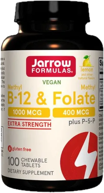 Jarrow Formulas Méthyl B-12 1000 mcg & Méthyl Folate — Énergie & Système Nerveux | 100 Pastilles Citron