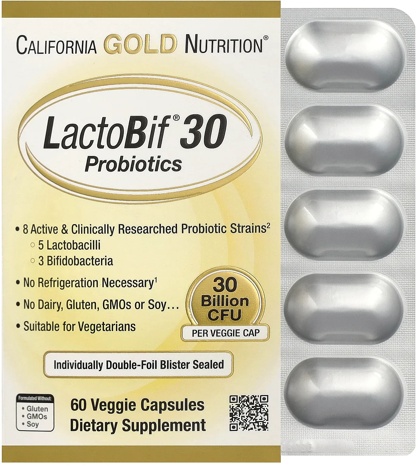 California Gold Nutrition، بروبيوتيك LactoBif® 30، 30 مليار UFC، 60 كبسولة نباتية