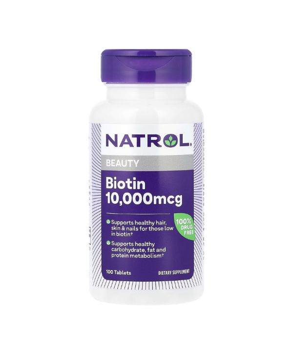 Le flacon de 10 000 mcg de Natrol Biotin avec un bouchon violet favorise la santé des cheveux, de la peau et des ongles. Cette formule 100 % sans médicament contient 100 comprimés. Complétez-la avec Natrol - DHEA, 50 mg, 60 comprimés pour une approche holistique de votre routine de bien-être.