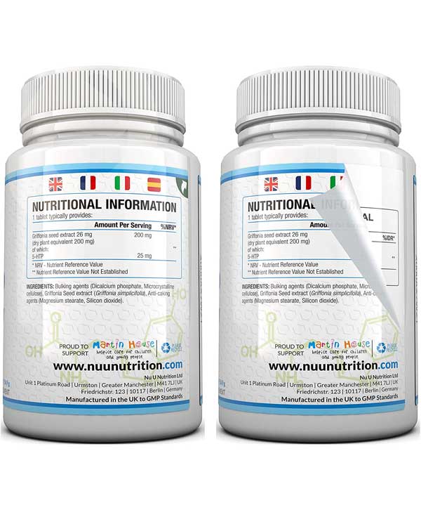 Deux pots de Nu U Nutrition - 5-HTP, Extrait de graines de Griffonia, 180 Comprimés avec le branding Nu U Nutrition sur fond blanc.