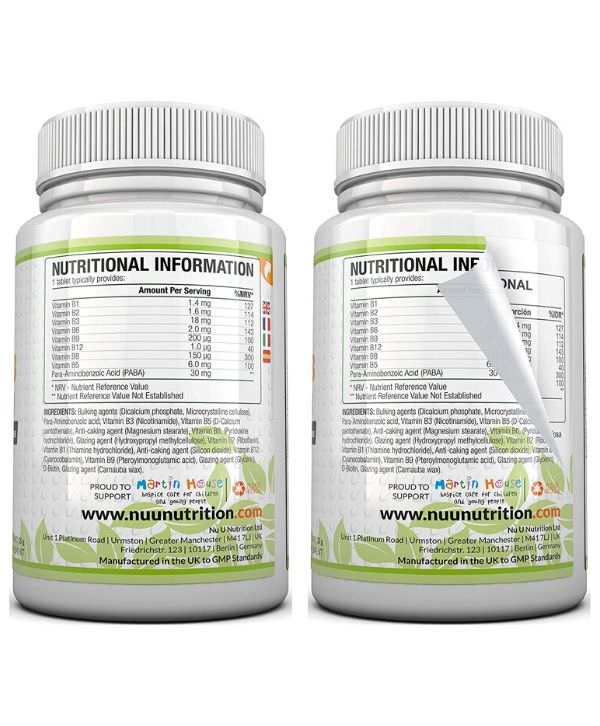 Deux pots de Nu U Nutrition - Complexe Vitamine B, 180 suppléments nutritionnels Comprimés sur fond blanc.