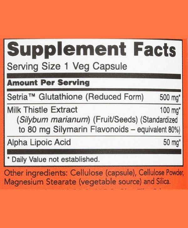 Une étiquette pour un supplément Now Foods - Glutathion, 500 mg, 60 capsules sur fond orange.