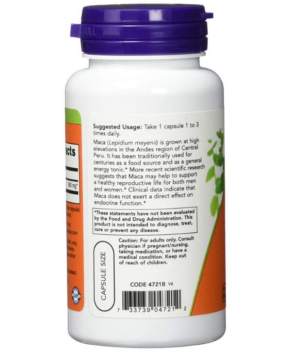 Une bouteille de capsule de vitamine C avec Now Foods - Maca, 500 mg, 100 capsules.