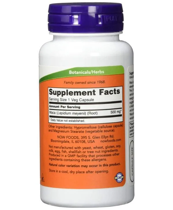 Une bouteille de supplément de niacine avec Now Foods - Maca, 500 mg, 100 gélules sur fond blanc.