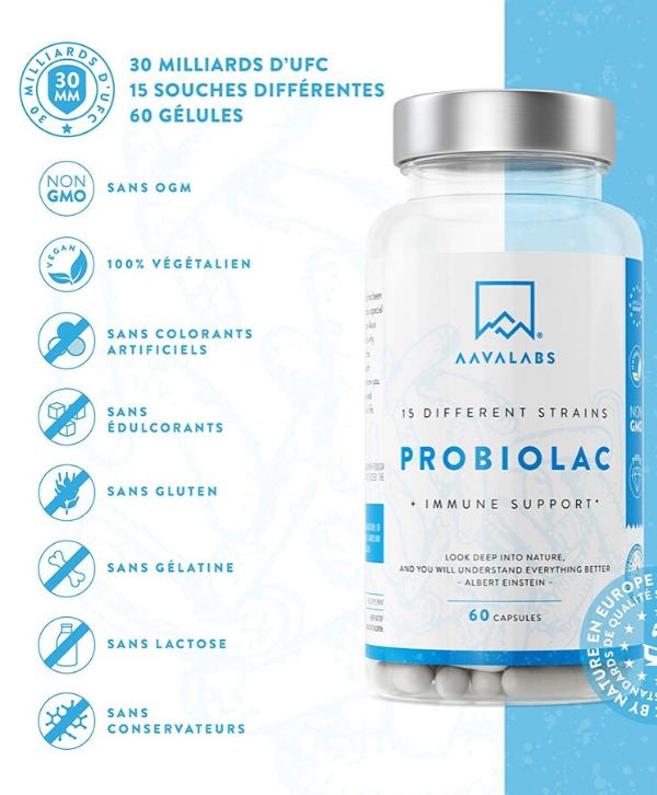 Aavalabs - Probiolac, Complément probiotique, 60 gélules.