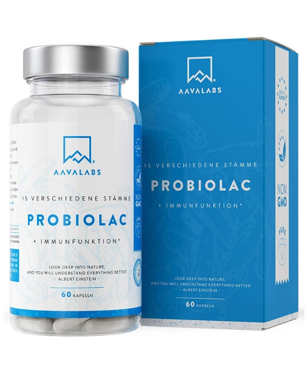 Un flacon d'Aava Labs - Probiolac, Complément probiotique, 60 gélules avec une boîte.