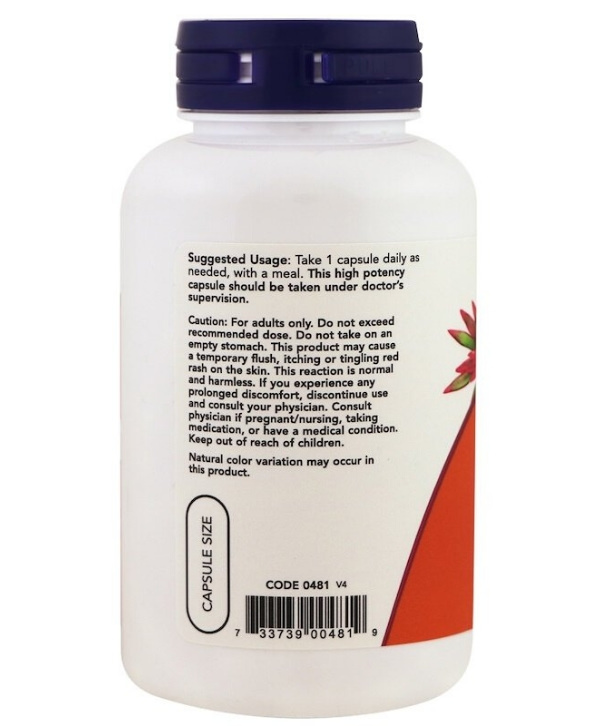 Le dos d'une bouteille de Now Foods - Niacine, 500 mg, 100 Capsules, un complément alimentaire au Maroc.