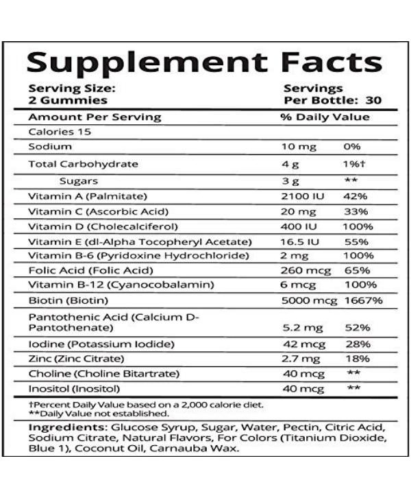 Une étiquette nutritionnelle pour SugarBearHair - Vitamines pour cheveux, 60 unités, un supplément.