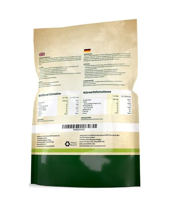 Le dos d'un sachet de Nu U Nutrition - Matcha Thé Vert, nourriture pour chien 250g enrichie en matcha.