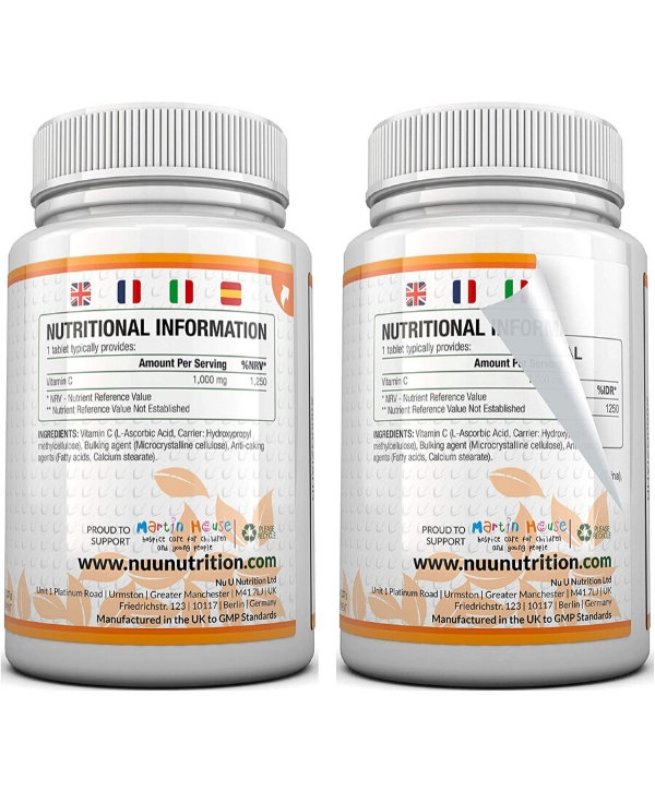 Deux pots d'informations nutritionnelles sur fond blanc présentant Nu U Nutrition - Vitamine C 1000 mg, 180 Comprimés Maroc.