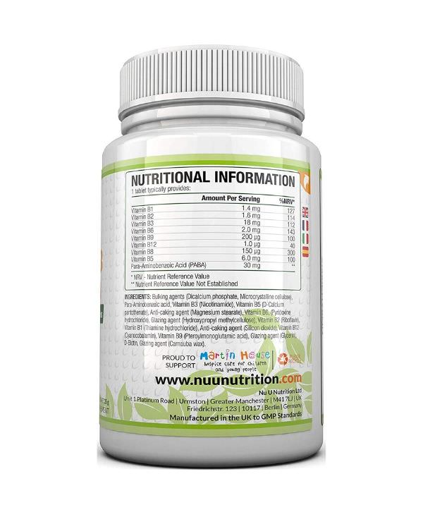Une bouteille de Nu U Nutrition - Vitamine B Complex, supplément 180 Comprimés sur fond blanc.