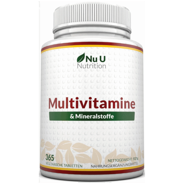 Un flacon blanc portant la mention « Nu U Nutrition - Multivitamines et minéraux, 365 comprimés », contenant 365 comprimés végétariens et d'un poids net de 517 g, est présenté sur un fond uni. Cette formule multivitaminée haut de gamme de Nu U Nutrition offre un mélange complet de vitamines et de minéraux pour répondre à vos besoins nutritionnels quotidiens.