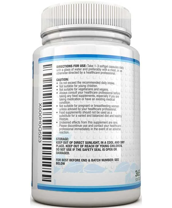Le dos d'une bouteille d'Oméga 3, 365 Gélules mettant en vedette Nu U Nutrition Maroc.