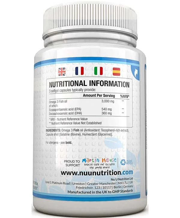 Un flacon de Nu U Nutrition - Oméga 3, 365 Gélules pour les informations nutritionnelles.