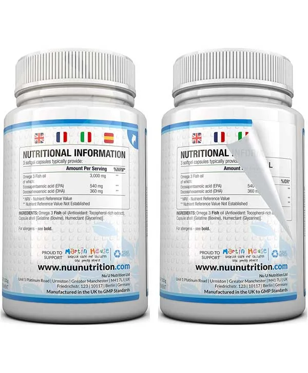 Deux pots de Nu U Nutrition - Omega 3, 365 Gélules informations nutritionnelles sur fond blanc.