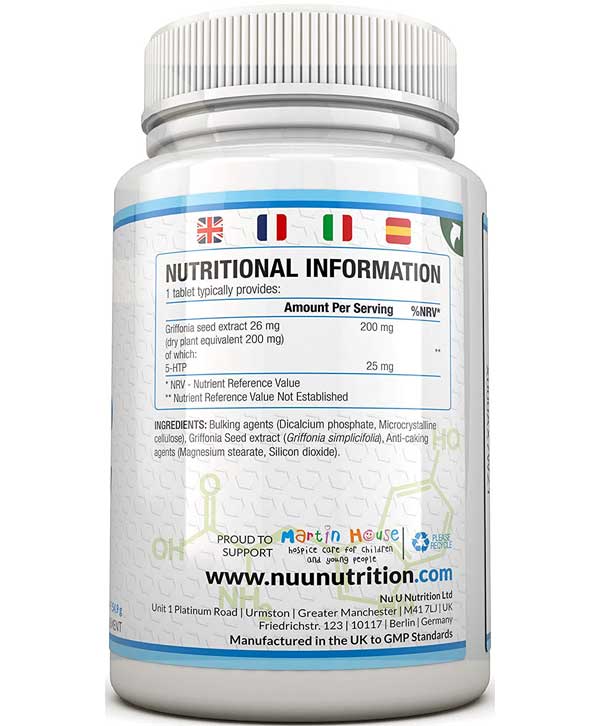 Un pot de Nu U Nutrition - 5-HTP, Extrait de graines de Griffonia, 180 gélules Comprimés.