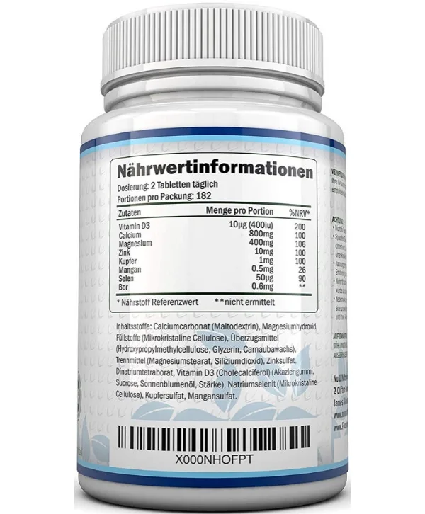 Une bouteille de Nu U Nutrition - Calcium Magnésium Zinc Vitamine D, 365 Comprimés sur fond blanc.