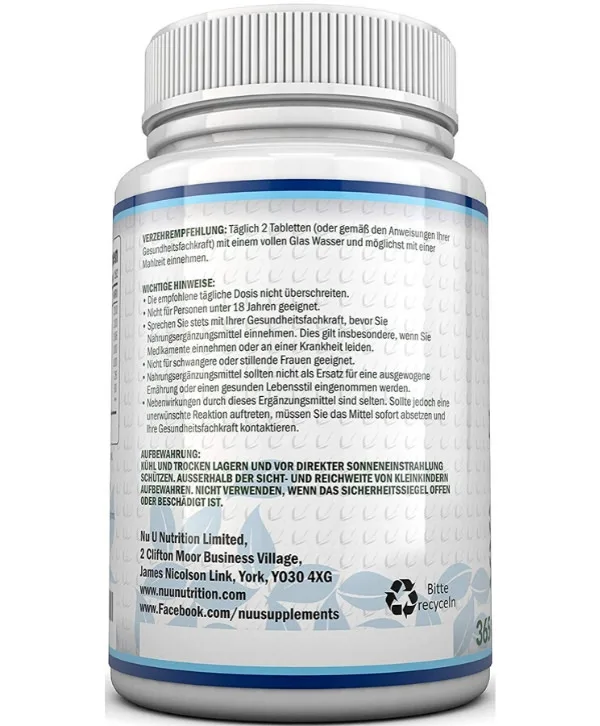 Le dos d'une bouteille de Nu U Nutrition - Calcium Magnésium Zinc Vitamine D, 365 Comprimés.