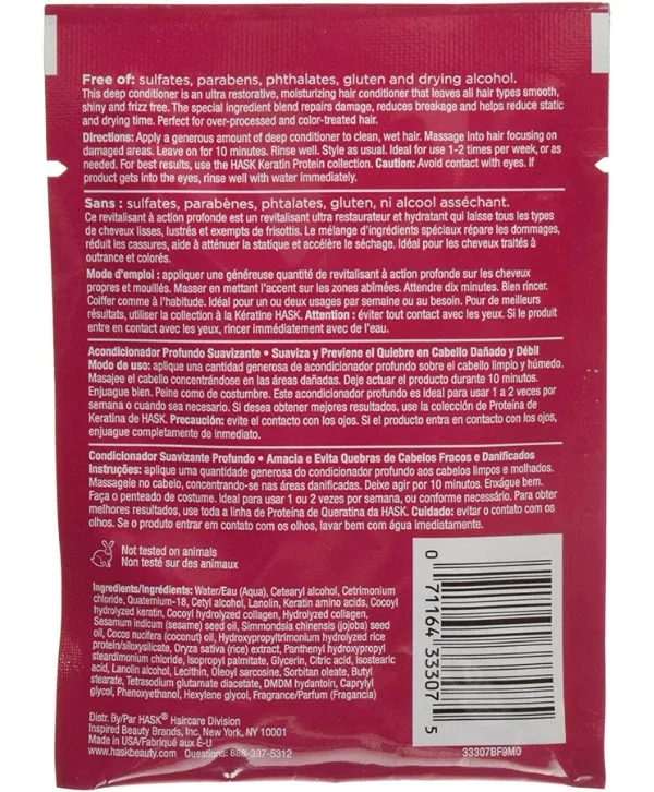 Le dos d'un paquet de nourriture pour chat contenant HASK – Keratin Protein, Soin Adoucissant Intense, Après-shampoing Revitalisant Lissant pour nourrir et prendre soin du pelage de votre compagnon à quatre pattes.