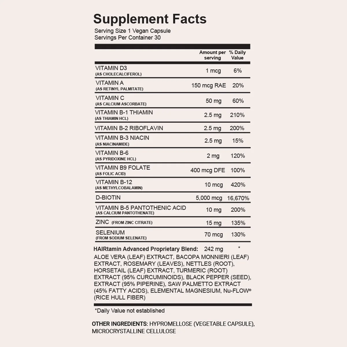 L'étiquette de Supplement Facts pour HAIRtamin - Vitamines Cheveux, 30 Capsules énumère les vitamines, les minéraux, un mélange d'herbes breveté, et plus encore par capsule végétalienne - parfait pour ceux qui recherchent vitamine cheveux maroc.