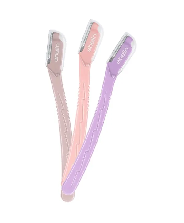 Trois Ebelin - Rasoirs Sourcils et Visage roses et violets sur fond blanc, parfaits pour le soin des sourcils et des poils du visage.