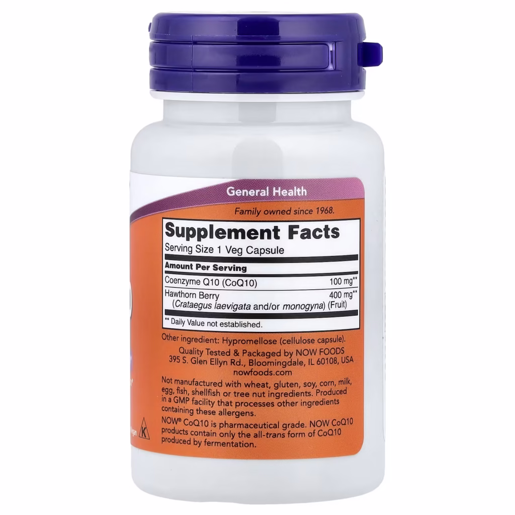 Now Foods - CoQ10, 30 mg, 120 gélules se présente dans une bouteille en plastique blanc avec un bouchon violet et une étiquette Supplement Facts, mettant en vedette le Coenzyme Q10 - un excellent complément alimentaire maroc option.