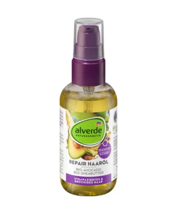 Un flacon d'Alverde - Huile Capillaire Réparatrice Avocat Karité Bio, 75 ml, enrichi en huile capillaire bio maroc entièrement naturelle pour restaurer et nourrir les cheveux.
