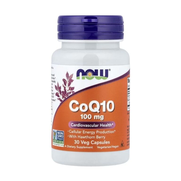 Une bouteille de Now Foods CoQ10, 30 mg, 120 gélules, complément alimentaire marocain pour la santé cardiovasculaire.