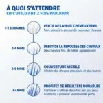 Chronologie de la repousse des cheveux avec Regaine - Mousse Minoxidil 5%, 3 x 60g : éclaircissement initial, nouvelle croissance, couverture plus complète et résultats durables au fil des mois. Voir les effets réels et en savoir plus sur minoxidil prix maroc.