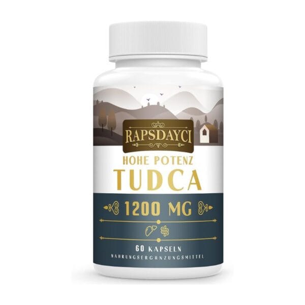 Un flacon blanc étiqueté "TUDCA - Tauroursodeoxycholic Acid - 1000 mg", contenant 60 gélules, présente un paysage stylisé sur l'étiquette.