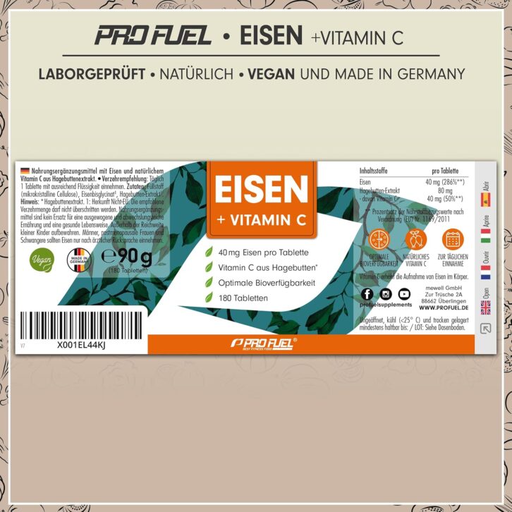 Étiquette d'un flacon de ProFuel – Fer + Vitamine C, 40 MG fabriqué en Allemagne, mettant en valeur des ingrédients véganes et naturels enrichis en éléments ferreux. Qualité garantie par des tests en laboratoire. Comprend 180 capsules contenant du fer et de la vitamine C pour un soutien optimal de la santé.