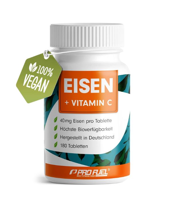 Présentation du supplément Fer + Vitamine C de ProFuel, comprenant 180 capsules végétaliennes, chacune contenant 40 mg de fer, fabriquées de manière experte en Allemagne.