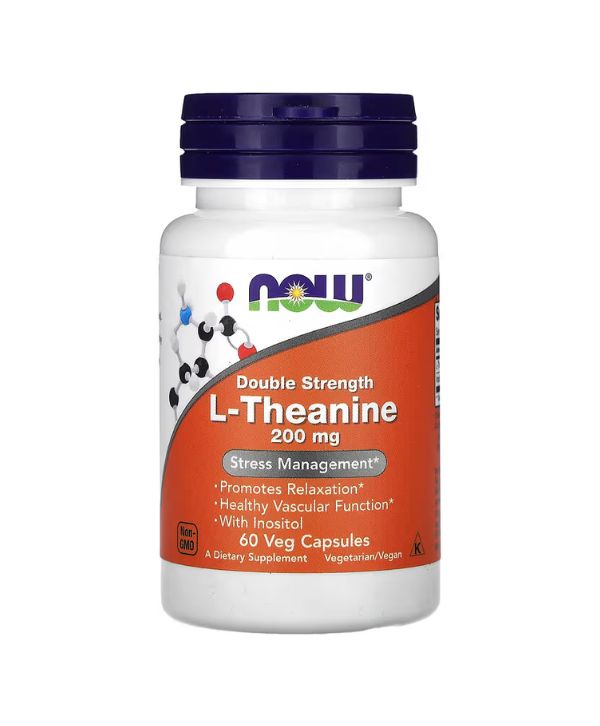 Un flacon de L-théanine Double Efficacité de NOW Foods, 200 mg, contenant 60 capsules végétales pour la gestion du stress. Ce supplément favorise la relaxation et soutient la fonction vasculaire.