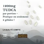 Des gélules blanches de TUDCA (acide tauroursodésoxycholique, 60 gélules, 1200 mg) reposent sur un fond clair. Le texte indique "1200 mg par portion - seulement 2 gélules !" et les labels de qualité et d'absence d'allergènes se trouvent au bas de la page.