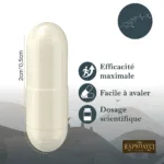 Une grande capsule blanche (2 cm x 0,5 cm) de TUDCA - Acide Tauroursodésoxycholique (1200 mg, 60 capsules) est présentée avec des icônes indiquant l'efficacité maximale, la facilité d'ingestion, le dosage scientifique et le soutien renforcé de TUDCA.