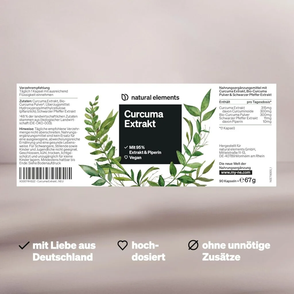 Étiquette de Natural Elements - Supplément d'extrait de curcuma à haute dose avec illustration de plante. Contient 90 gélules, 67 g. Fabriqué en Allemagne avec un dosage élevé et sans additifs inutiles pour une qualité à laquelle vous pouvez faire confiance.