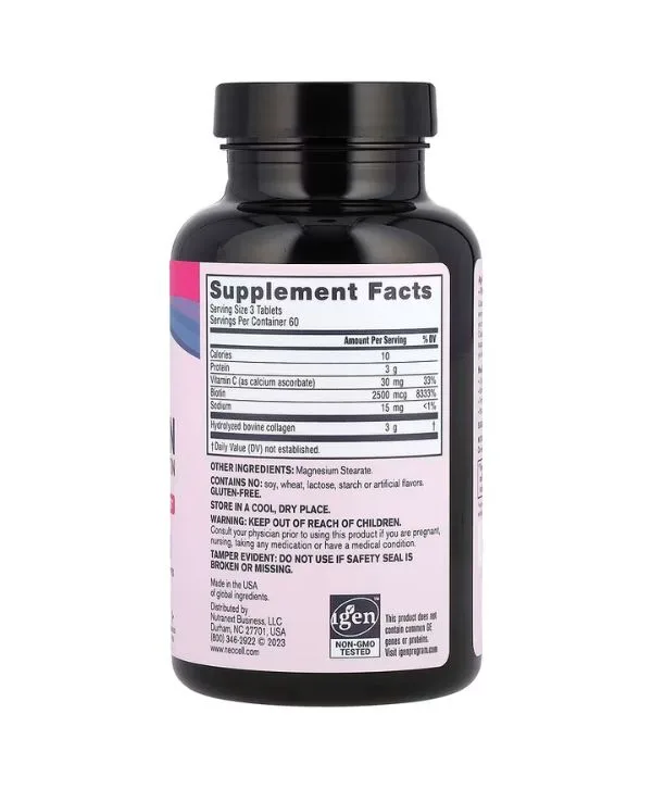 Le flacon NeoCell, Super collagène + vitamine C et biotine présente un design noir élégant avec une étiquette rose et blanche, mettant en valeur les informations sur les suppléments et les ingrédients tels que la vitamine C et le collagène.