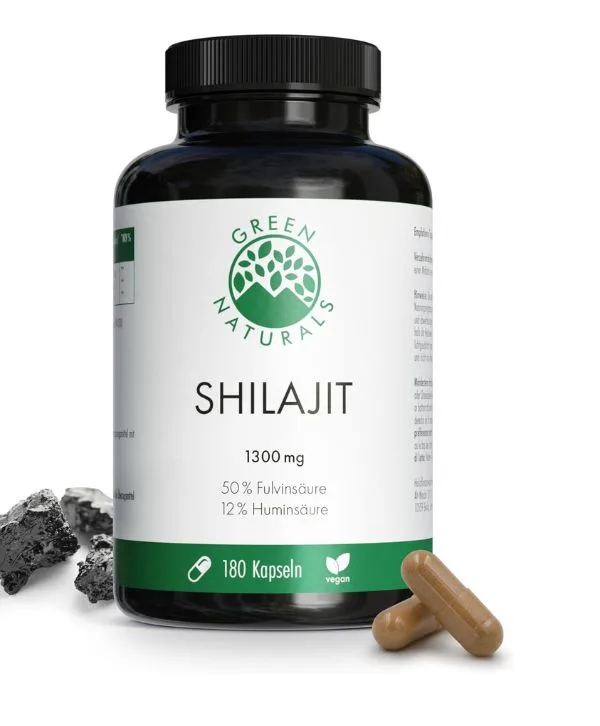 Un flacon de « Shilajit Original Himalaya » contient 180 capsules, offrant 13 000 mg par dose quotidienne. Composé de deux capsules brunes et de roches sombres, ce supplément 100 % végétalien incarne l'ancienne puissance himalayenne pour un boost naturel.