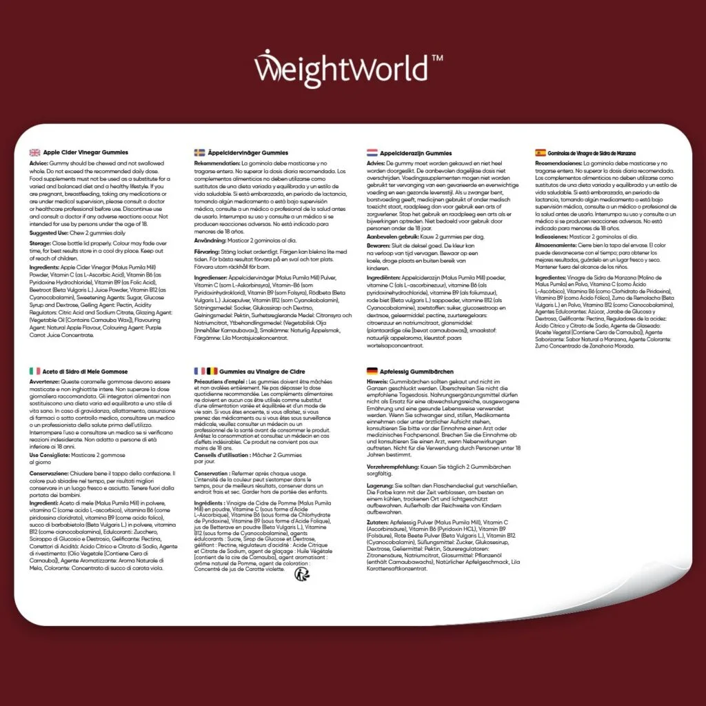 Étiquette WeightWorld pour les gummies au vinaigre de cidre de pomme 1 000 mg avec vitamines C, B12, B6 et acide folique (B9), indiquant l'utilisation suggérée, les ingrédients et les informations multilingues du fabricant sur fond rouge.