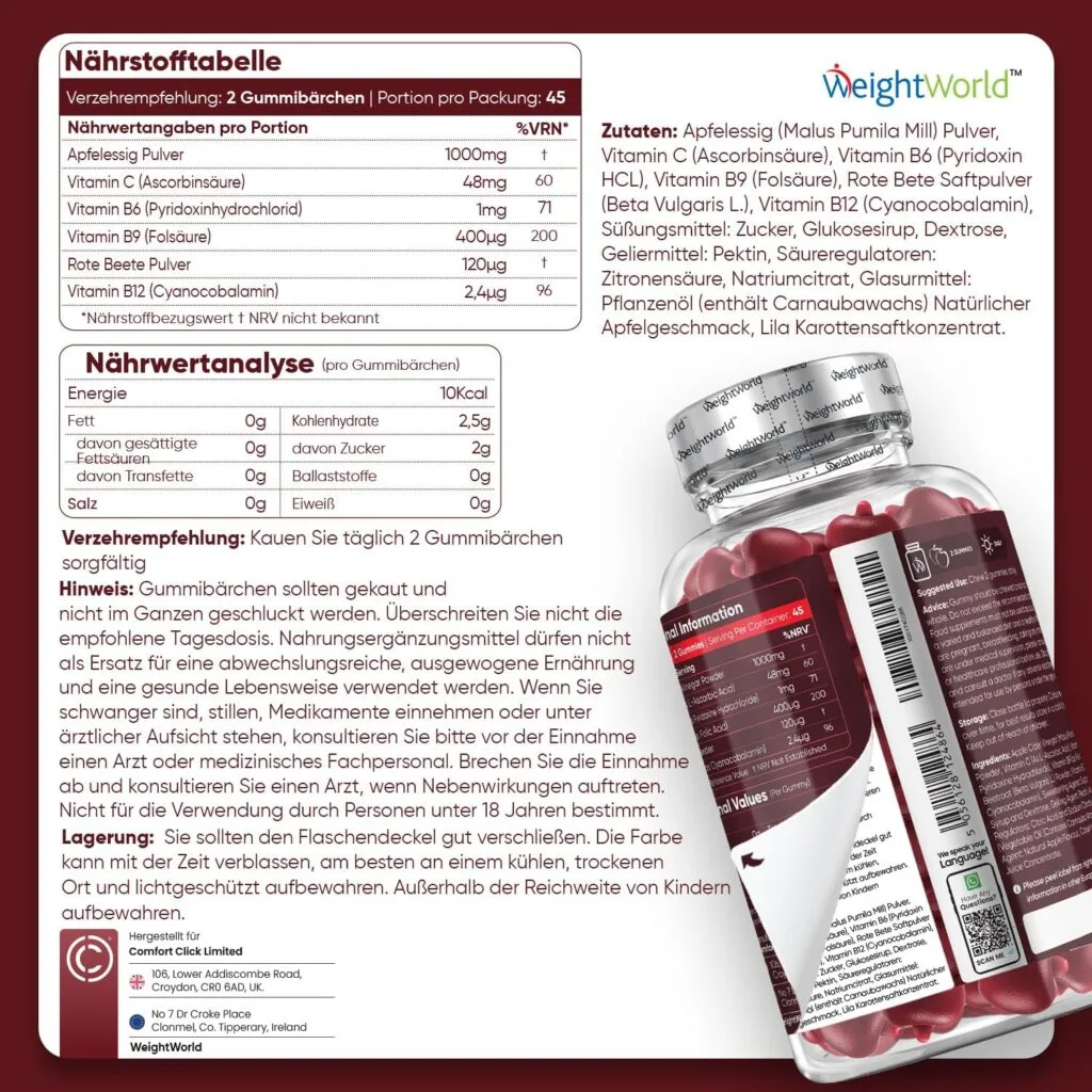 Étiquette d'une bouteille de supplément de WeightWorld affichant des informations nutritionnelles, la liste des ingrédients, les instructions d'utilisation ; la bouteille contient des suppléments en forme d'ourson en gélatine avec 1000 mg de vinaigre de cidre de pomme, de la vitamine C, de l'acide folique B12, B6 et B9.