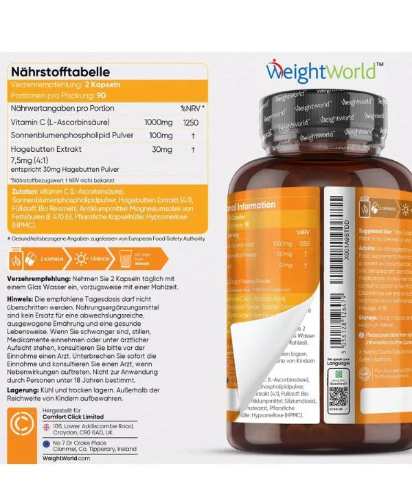 WeightWorld - فيتامينات C ليبوسومية - 1000 ملغ من فيتامين C يوميًا - 180 كبسولة