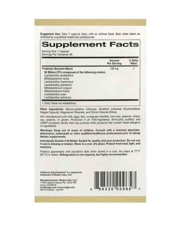 California Gold Nutrition، بروبيوتيك LactoBif® 30، 30 مليار UFC، 60 كبسولة نباتية