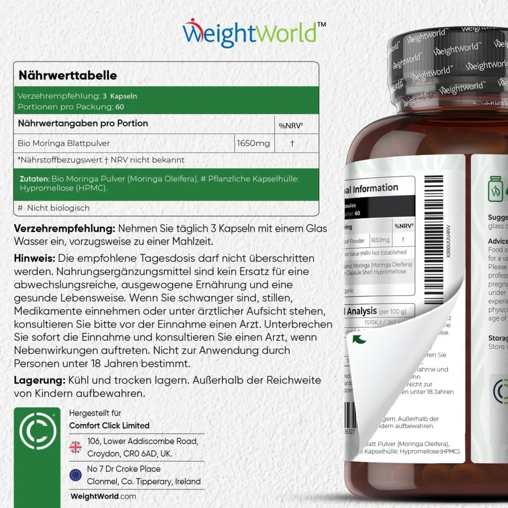 كبسولات WeightWorld Bio Moringa | جرعة عالية: 1650 مجم | 180 كبسولة | تم اختبارها في المختبر | نباتية وخالية من الإضافات