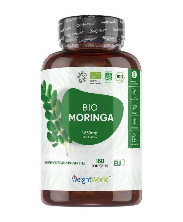 Une bouteille de Bio Moringa Capsules contenant 270 capsules végétaliennes, sans additifs, fournit une dose élevée de 1800 mg par portion et est testée en laboratoire.