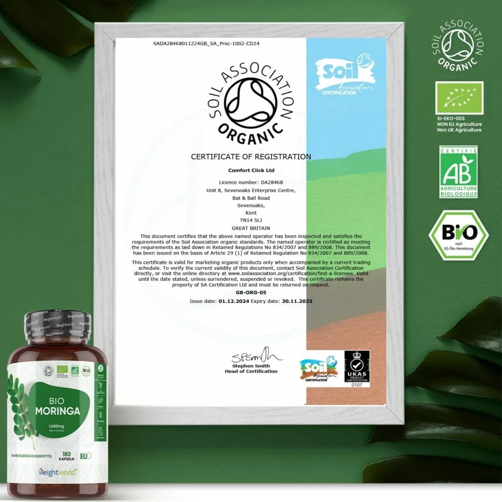 كبسولات WeightWorld Bio Moringa | جرعة عالية: 1650 مجم | 180 كبسولة | تم اختبارها في المختبر | نباتية وخالية من الإضافات