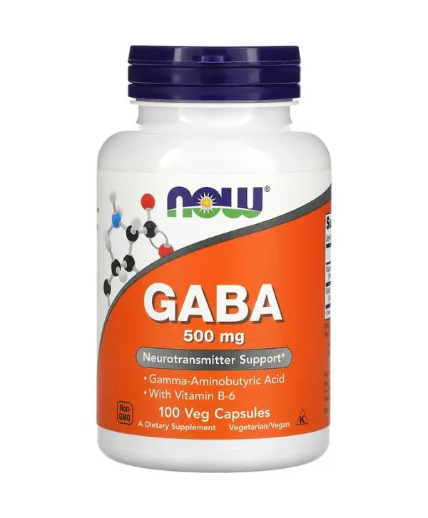 Le complément alimentaire GABA et vitamine B6 de NOW Foods est présenté dans un flacon à étiquette orange contenant 100 capsules végétales, chacune fournissant 500 mg pour le soutien des neurotransmetteurs.