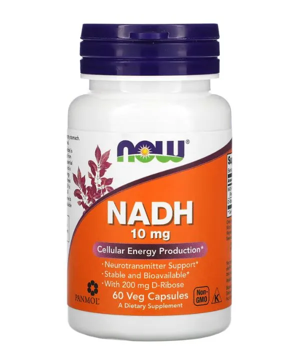 Un flacon de NADH de NOW Foods contient 10 mg de NADH dans 60 capsules végétales, favorisant l'énergie cellulaire et le soutien des neurotransmetteurs. Sans OGM.